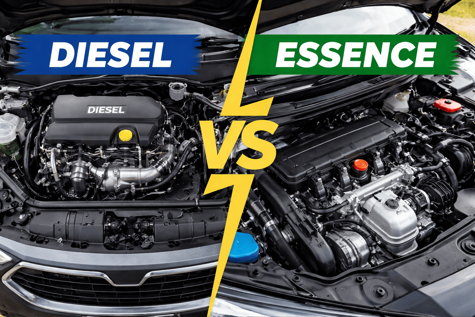 Comparaison des moteurs diesel et essence sous le capot : moteur diesel à gauche, moteur essence à droite, avec un bandeau indiquant ‘DIESEL VS ESSENCE’.