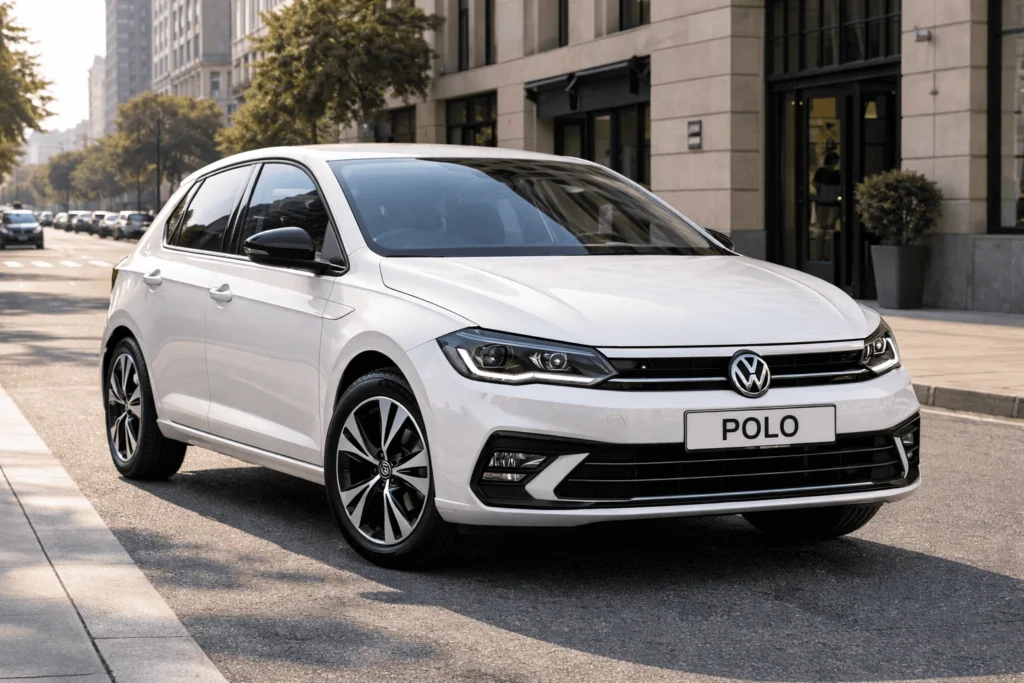 Volkswagen Polo blanche, meilleure voiture pour jeune conducteur, garée en ville, vue de trois-quarts avant, avec des bâtiments modernes en arrière-plan.