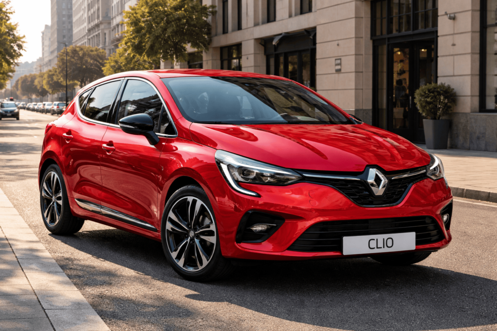 Renault Clio rouge, meilleure voiture pour jeune conducteur, garée sur une rue urbaine ensoleillée, vue de trois quarts avant, avec des bâtiments modernes et des arbres en arrière-plan.