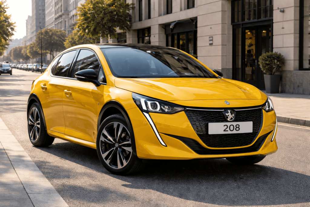 Peugeot 208 jaune, meilleure voiture pour jeune conducteur, garée sur une rue urbaine ensoleillée, vue de trois quarts avant, avec des bâtiments et des arbres en arrière-plan.