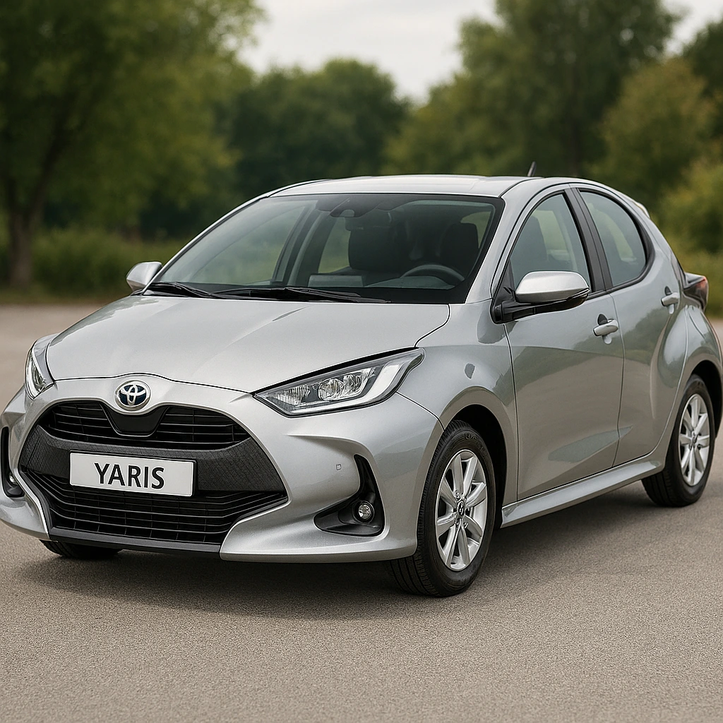 Toyota Yaris argentée, vue en trois-quarts avant, garée sur une route claire entourée de verdure, avec un design moderne, phares effilés, calandre noire et jantes alliage.