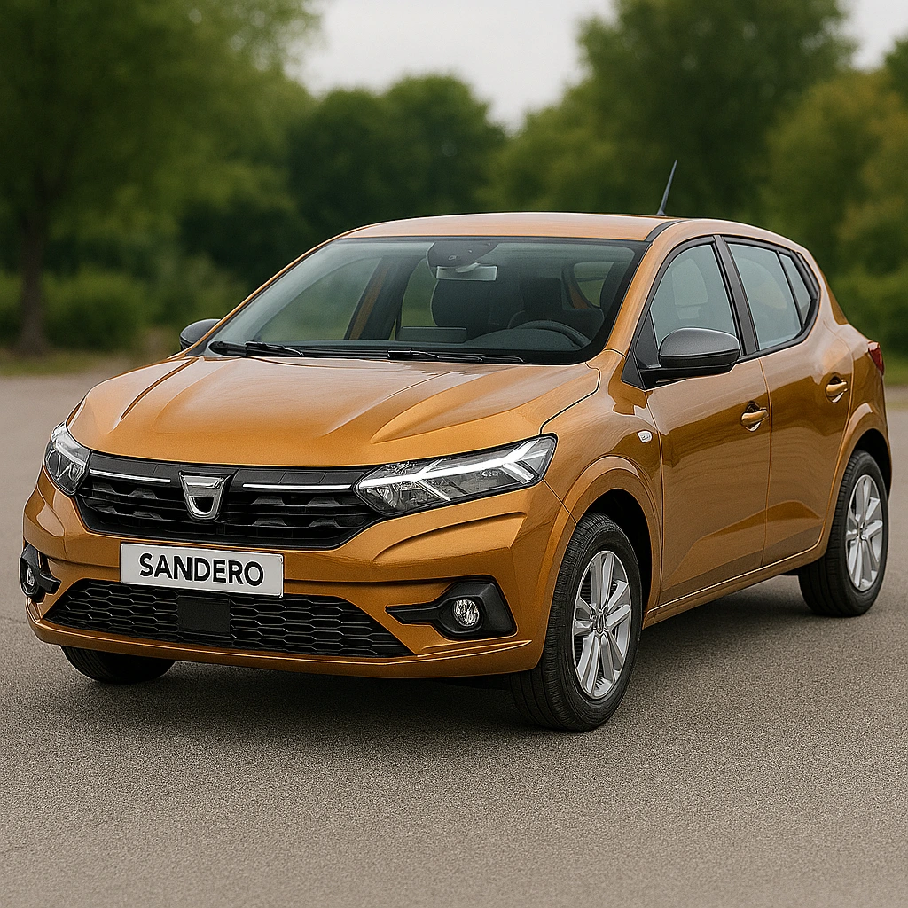Dacia Sandero orange métallisée, photographiée en extérieur en vue trois-quarts avant, stationnée sur une chaussée grise avec des arbres verts en arrière-plan, avec des lignes dynamiques, phares LED en Y et plaque avant 'SANDERO'.